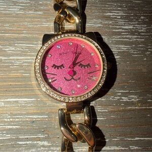 BETSEY JOHNSON Rhinestone Black Cat Heart Crown Womens Watch